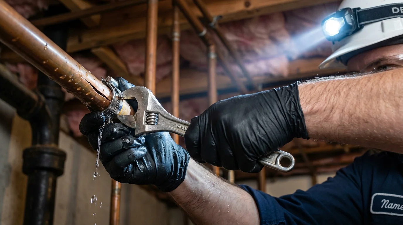 Emergency pipe clamp repair being performed by a Johns Plumbing LLC plumber in Lucama