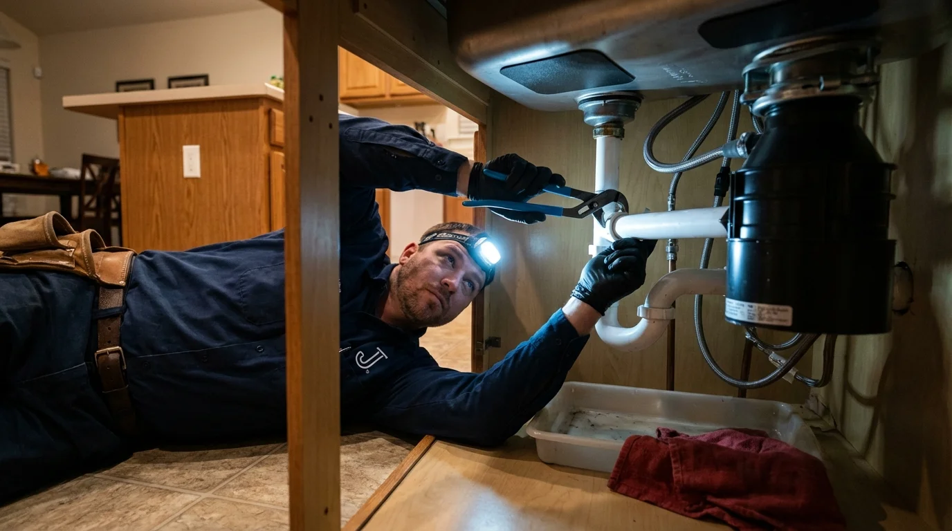 P-trap and supply line connections under a kitchen sink showing a common leak point in Lucama, NC